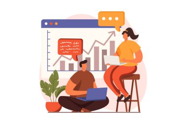 Daire dizaynında iş görüşmesi web konsepti. Kadın ve erkek finansal rapor hazırlıyor ve geliştirme stratejisi oluşturuyorlar. İş arkadaşları konferansta beyin fırtınası yapıyor. İnsan sahnesi ile vektör illüstrasyonu