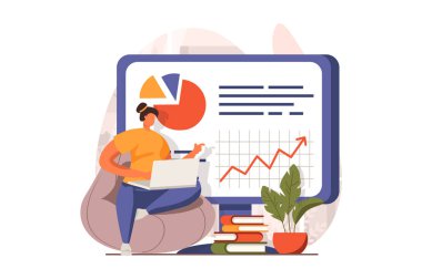 Düz tasarımda iş süreci web konsepti. Kadın finansal rapor hazırlar, strateji yaratır ve para yatırır. Şirket geliştirme, başarı ve liderlik. İnsan sahnesi ile vektör illüstrasyonu