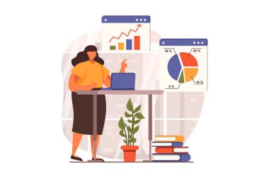 Düz tasarımda iş süreci web konsepti. Kadın, grafiklerde, planlamada ve muhasebede finansal istatistikleri analiz ediyor. Şirket geliştirme, başarı ve liderlik. İnsan sahnesi ile vektör illüstrasyonu