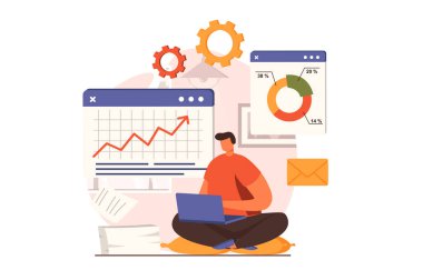 Düz tasarımda iş süreci web konsepti. Adam mali istatistikleri grafiklerde, gözlemlemede ve muhasebede analiz ediyor. Şirket geliştirme, başarı ve liderlik. İnsan sahnesi ile vektör illüstrasyonu