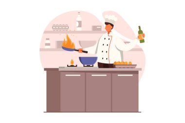 Düz tasarımda aşçılık ve restoran web konsepti. Şef fırının başında duran ve mutfakta çalışan gurme yemekleri hazırlıyor. Aşçılık sanatı ve profesyonel personel. İnsan sahnesi ile vektör illüstrasyonu