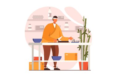 Düz tasarımda aşçılık ve restoran web konsepti. Suşi şefi mutfakta duran Asya mutfağından yemek hazırlıyor. Aşçılık sanatı ve profesyonel personel. İnsan sahnesi ile vektör illüstrasyonu