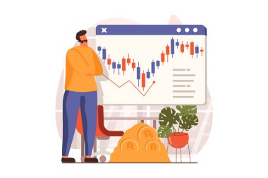 Düz tasarımda kripto para birimi madencilik web konsepti. Adam şifreli paranın finansal istatistiklerini analiz eder, para alıp satar, bitcoin 'e yatırım yapar. İnsan sahnesi ile vektör illüstrasyonu