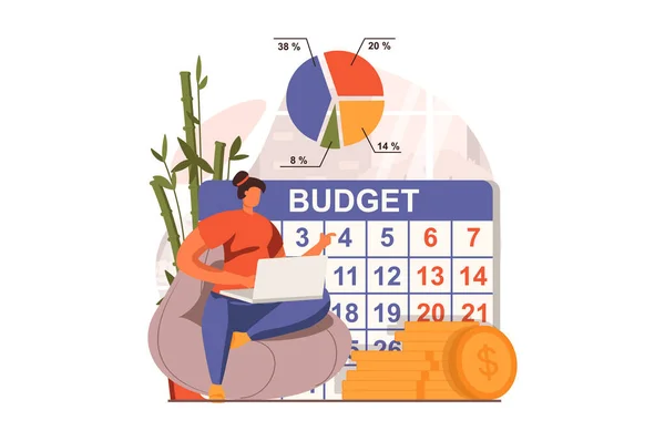 Költségvetési web koncepció elemzése lapos kialakításban. A nő, aki a pénzügyi adatokat elemzi a laptopon és a tervező hónapban, naptárral fizet. Könyvvizsgálat és pénzgazdálkodás. Vektor illusztráció az emberek jelenet — Stock Vector