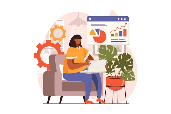 Atividades de negócios web concept in flat design. Mulher analisa estatísticas da empresa e faz relatório financeiro, cria estratégia. Empresários que trabalham no escritório. Ilustração vetorial com cena de pessoas —  Vetores de Stock