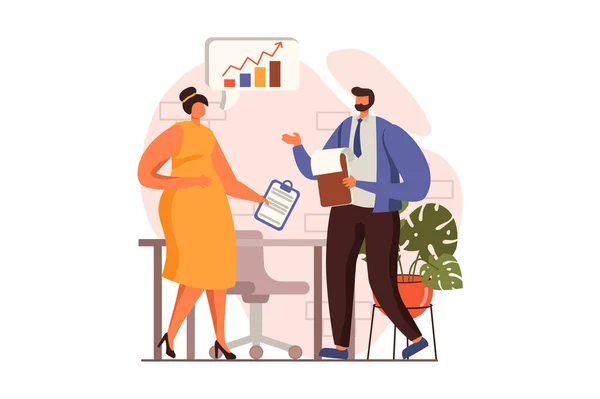 Business meeting web concept in flat design. Man and woman discuss tasks, generate ideas and communicate in office. Colleagues brainstorming at conference. Vector illustration with people scene — стоковый вектор