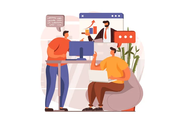 Business meeting web concept in flat design. Men discussing tasks and developing strategy by calling video chat. Colleagues brainstorming at online conference. Vector illustration with people scene — ストックベクタ