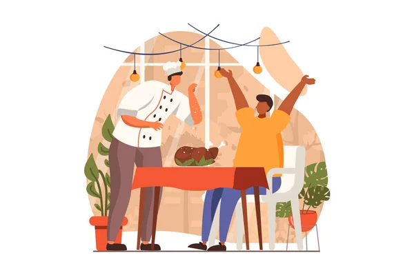 Concepto web de cocina y restaurante en diseño plano. Chef servir plato de pedido para el cliente feliz sentado en la mesa en la cafetería. Arte culinario y personal profesional. Ilustración vectorial con escena de personas — Vector de stock