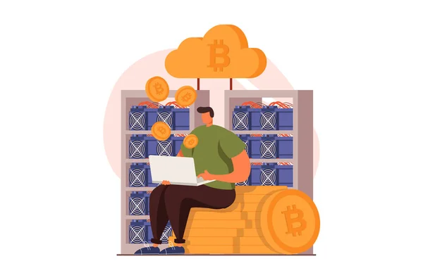 Cryptocurrency mining web concept in flat design. Man works for laptop on his own mining farm, investment, earning bitcoins at exchange and increases income. Vector illustration with people scene — стоковый вектор