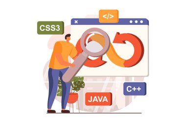 DevOps web tasarımı düz tasarım. İnsan mühendisliği ve programlama, araştırma yapmak, programlar yaratmak, süreçleri yönetmek. Geliştirme işlemleri uygulaması. İnsan sahnesi ile vektör illüstrasyonu