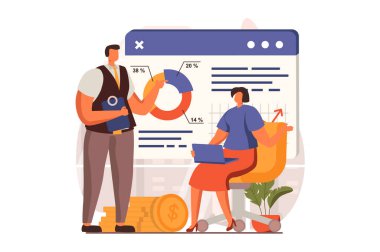 Düz dizaynlı dijital iş web konsepti. Erkek ve kadın sunumda mali verileri tartışıyor, başlangıçta toplantıya yatırım yapıyorlar. E-ticaret ve e-ticaret. İnsan sahnesi ile vektör illüstrasyonu