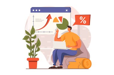Finansal analiz web sitesi düz tasarım kavramı. Adam sunumda verileri analiz eder ve bütçeyi hesaplayarak rapor hazırlar. Denetim, yatırım ve muhasebe. İnsan sahnesi ile vektör illüstrasyonu