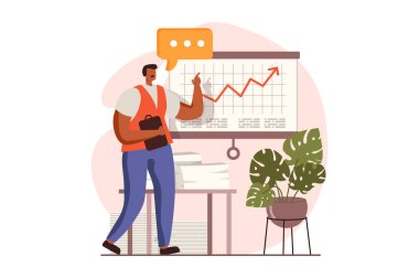 Finansal analiz web sitesi düz tasarım kavramı. İnsan iş toplantısında pazarlama araştırmalarıyla konuşur ya da konferansta rapor verir. Denetim, yatırım ve muhasebe. İnsan sahnesi ile vektör illüstrasyonu
