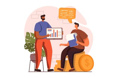 Finansal analiz web sitesi düz tasarım kavramı. Verileri analiz eden ve pazarlama araştırmalarını tartışan adamlar yatırım stratejisi oluştururlar. Denetim, yatırım ve muhasebe. İnsan sahnesi ile vektör illüstrasyonu