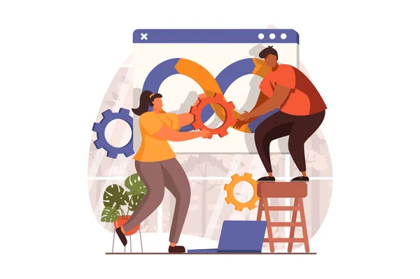 DevOps web concept in flat design. Woman and man settings programs, optimization and administration work processes, teamwork. Development operations practice. Vector illustration with people scene — Stock Vector