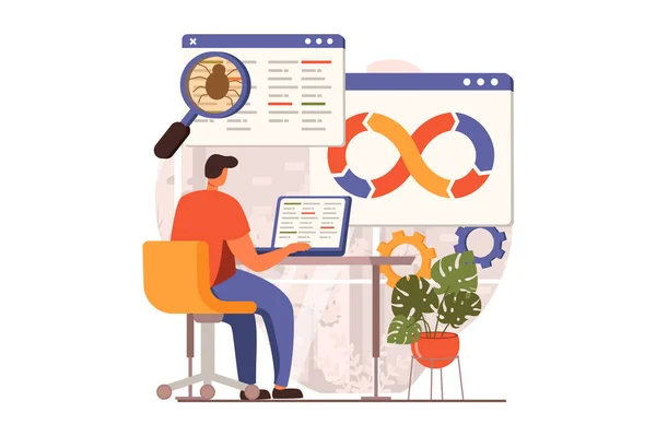 DevOps web concept in flat design. Man working at laptop, testing, engineering and programming, create software at office. Development operations practice. Vector illustration with people scene —  Vetores de Stock