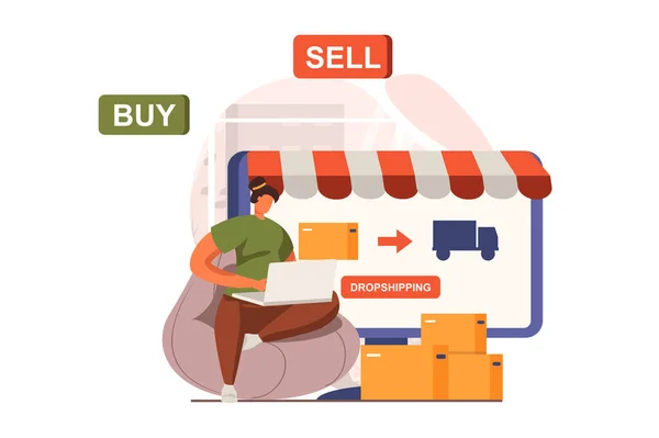 Digital business web concept in flat design. Woman sells goods in online store on marketplace, arranges and sends orders to customers. E-commerce and e-business. Vector illustration with people scene — Vetor de Stock