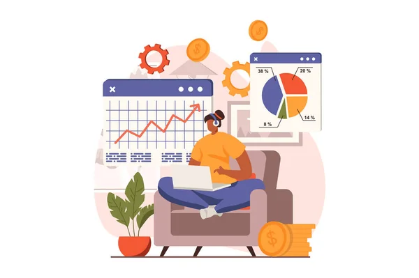 Digital business web concept in flat design. Woman analyzing financial data at laptop, create investment strategy and making startup. E-commerce and e-business. Vector illustration with people scene — стоковый вектор