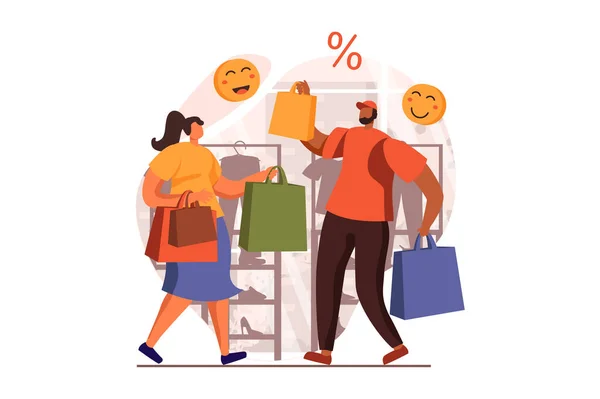 Discount store web concept in flat design. Happy man and woman with bags making purchases at clothes shop. Smart shopping and loyalty program for clients. Vector illustration with people scene — Stock Vector