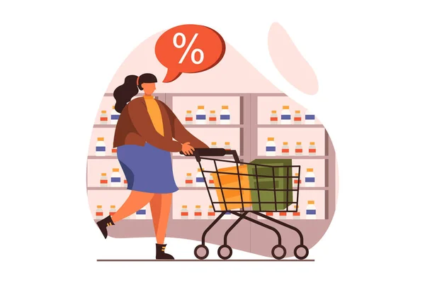 Discount store web concept in flat design. Happy woman with cart buying food and making purchases at supermarket. Smart shopping and loyalty program for clients. Vector illustration with people scene — Stock Vector