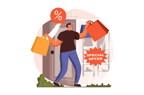 Discount store web concept in flat design. Happy man with bags making purchases in clothes shop at special offer. Smart shopping and loyalty program for clients. Vector illustration with people scene — Vettoriale Stock