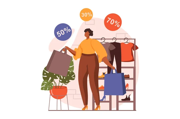 Discount store web concept in flat design. Happy woman with bags chooses goods and making purchases in shop. Smart shopping and loyalty program for clients. Vector illustration with people scene — ストックベクタ
