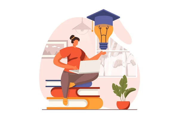 Distant learning web concept in flat design. Woman studying on laptop, watching video lectures and webinars, gaining knowledge. Online education and e-learning. Vector illustration with people scene — стоковый вектор