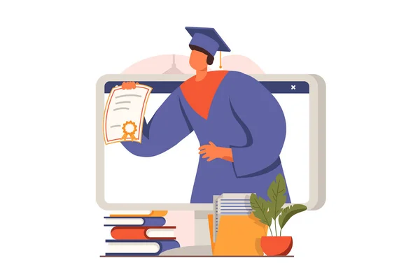 Distant learning web concept in flat design. Man student received diploma certificate and graduates from university or college. Online education and e-learning. Vector illustration with people scene — стоковый вектор