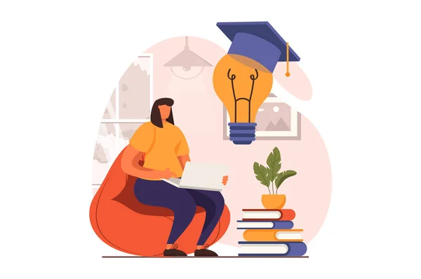 Distant learning web concept in flat design. Woman student studying and doing homework on laptop, training, reading textbooks. Online education and e-learning. Vector illustration with people scene — стоковый вектор