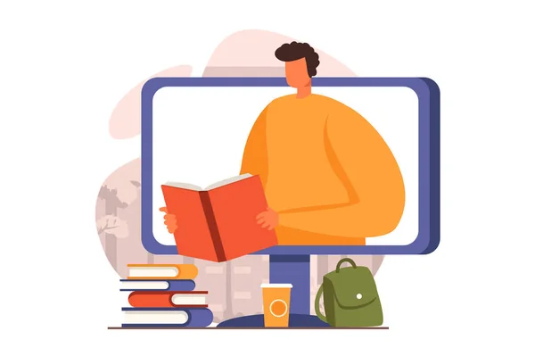 Μακρινή ιδέα εκμάθησης web σε επίπεδη σχεδίαση. Μαθητής διαβάζει e-book και μελέτες στον υπολογιστή, κάνοντας την εργασία με τα βιβλία. Ηλεκτρονική εκπαίδευση και ηλεκτρονική μάθηση. Εικονογράφηση διάνυσμα με ανθρώπους σκηνή — Διανυσματικό Αρχείο