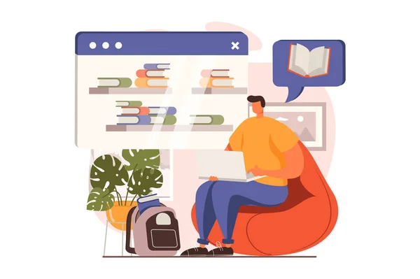 Distant learning web concept in flat design. Man reading book, making homework with textbooks and studies on laptop at home. Online education and e-learning. Vector illustration with people scene — Archivo Imágenes Vectoriales