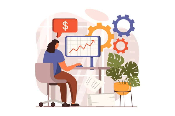 Webový koncept finanční analýzy v plochém designu. Žena pracuje na počítači, analyzuje data, sestavuje zprávy a počítá rozpočet. Audit, investice a účetnictví. Vektorová ilustrace s lidskou scénou — Stockový vektor