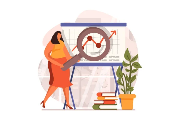 Analyse financière concept web dans le design plat. Femme faisant de la recherche marketing et faisant rapport à la conférence d'affaires. Audit, investissement et comptabilité. Illustration vectorielle avec scène de personnes — Image vectorielle