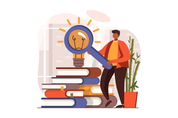 Finding ideas web concept in flat design. Man with magnifier studies books and textbooks, brainstorming and discovery. Inspiration, motivation and creativity. Vector illustration with people scene — стоковый вектор