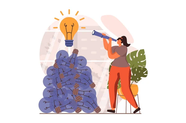 Finding ideas web concept in flat design. Woman looking spyglass and looking for new opportunities. Brainstorming, inspiration, motivation and creativity. Vector illustration with people scene — Stock Vector