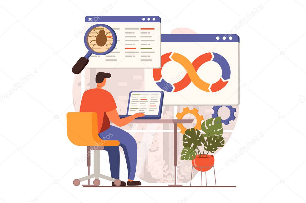 DevOps web concept in flat design. Man working at laptop, testing, engineering and programming, create software at office. Development operations practice. Vector illustration with people scene