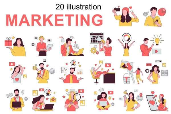 Marketing concept with people scenes set in flat design. Men and women create photo and video content, posting in social media, promote blogs. Vector illustration visual stories collection for web — Vetor de Stock
