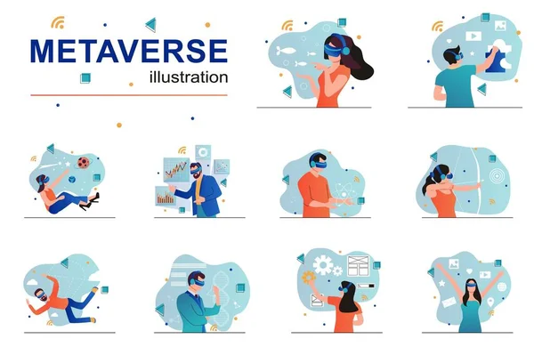 Metaverse concept with people scenes set in flat design. Men and women in VR headset using cyberspace for work, playing game, study and science. Vector illustration visual stories collection for web — стоковый вектор