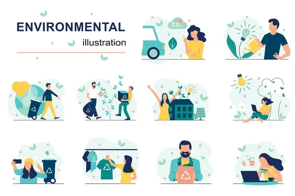 Environmental concept with people scenes set in flat design. Men and women collecting, separating and recycling trash, zero waste, green energy. Vector illustration visual stories collection for web — 스톡 벡터