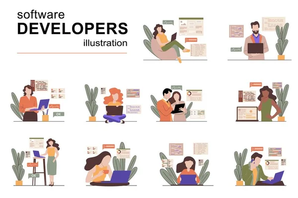 Software developers concept with people scenes set in flat design. Men and women creating programs and apps, coding, programming, testing product. Vector illustration visual stories collection for web — Stock Vector
