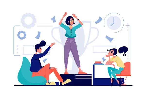 Business award concept in flat cartoon design. Colleagues celebrating victory at office and achieving goals, successfully completing work task together. Vector illustration with people scene for web — ストックベクタ