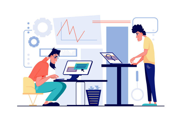 Benchmarking concept in flat cartoon design. Colleagues analyze data and statistics of competitors, making market research and develop business strategy. Vector illustration with people scene for web