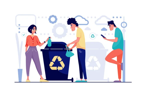 Afval recycling concept in platte cartoon ontwerp. Mannen en vrouwen verzamelen, sorteren en scheiden afval in bakken. Ecologisch beheer, milieuzorg. Vector illustratie met mensen scene voor web — Stockvector