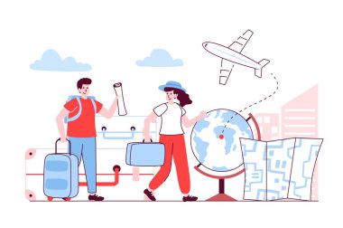 Seyahat tatili konsepti düz çizgi tasarımında. Bavul ve sırt çantalı kadın ve erkek uluslararası uçak yolculuğuna çıkıyorlar. Küresel turizm eğlencesi. Web için insanların ana hatlarını gösteren vektör illüstrasyonu