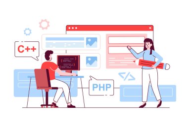 Düz çizgi dizaynında UI UX programlama kavramı. Erkek ve kadın kullanıcı arayüzü oluşturur, düzeni optimize eder, kodlarla çalışır, uygulamaları yapar ve test eder. Web için insanların ana hatlarını gösteren vektör illüstrasyonu