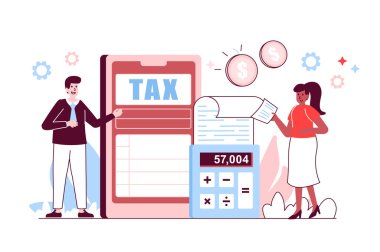 Mobil Vergi dosyalama konsepti düz çizgi tasarımında. Erkek ve kadın vergi beyannamesi, gelir beyan etmek ve mobil uygulama kullanarak mali tabloları korumak. Web için insanların ana hatlarını gösteren vektör illüstrasyonu
