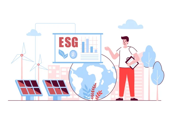 ESG concept in plat ontwerp. Milieu, sociale zaken en bestuur. Ontwikkeling van een bedrijfsstrategie met behulp van groene en milieuvriendelijke technologie. Vector illustratie met overzicht mensen scène voor web — Stockvector
