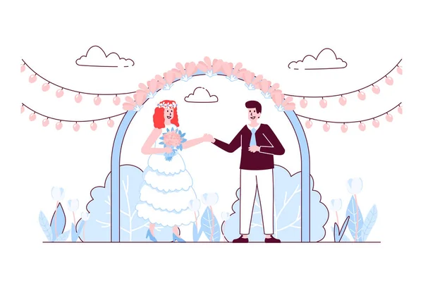 Wedding ceremony concept in flat line design. Happy bride and groom stand under wedding arch of flowers. Couple in love getting married event. Vector illustration with outline people scene for web — стоковый вектор