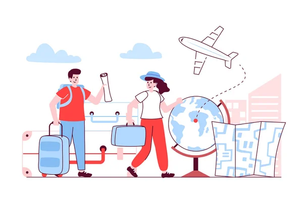 Travel vacation concept in flat line design. Man and woman with suitcases and backpack go on international plane trip. Global tourism recreation. Vector illustration with outline people scene for web — Image vectorielle