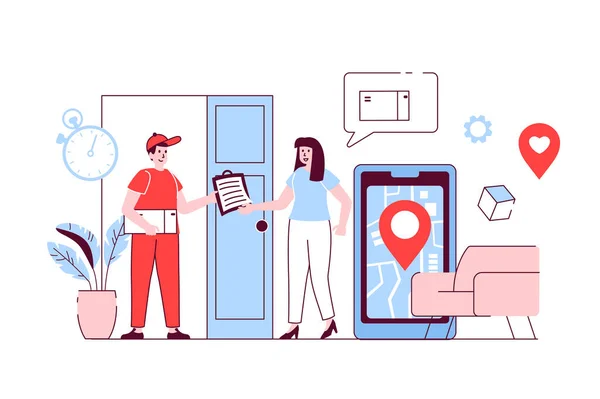 Delivery service concept in flat line design. Courier delivers parcel. Woman receives order at home by tracking package on mobile phone app. Vector illustration with outline people scene for web — ストックベクタ